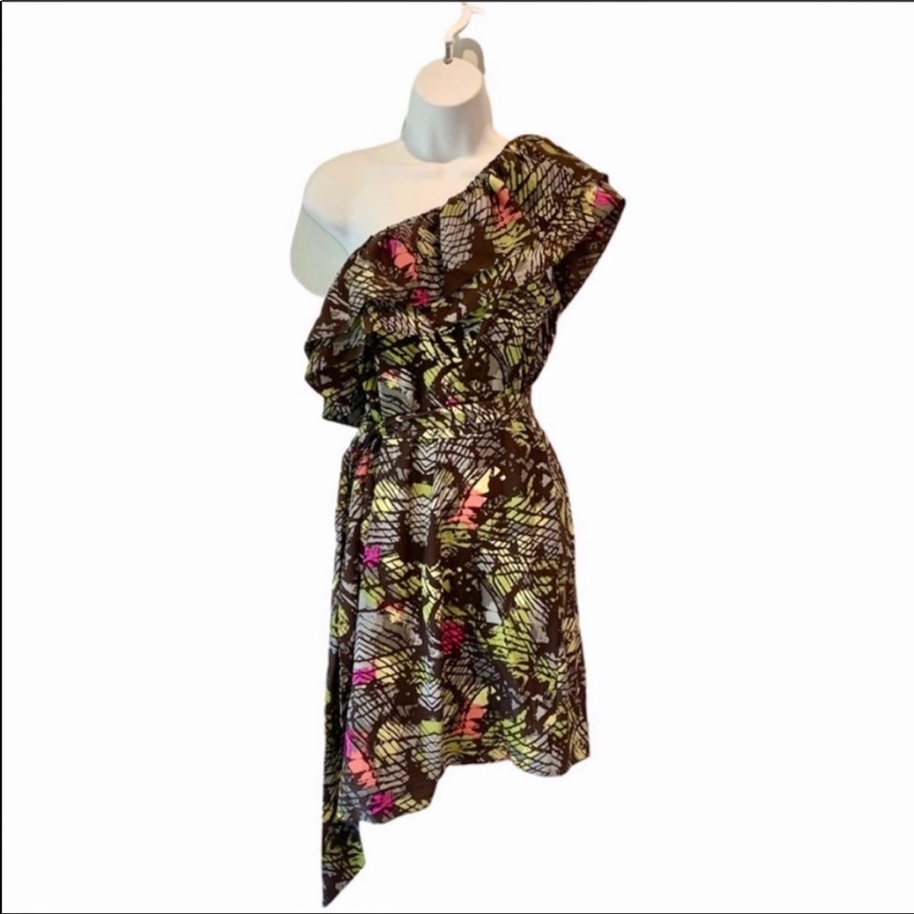 Alice & Trixie Silk One Shoulder Ruffled Belted Patterned Dress Small